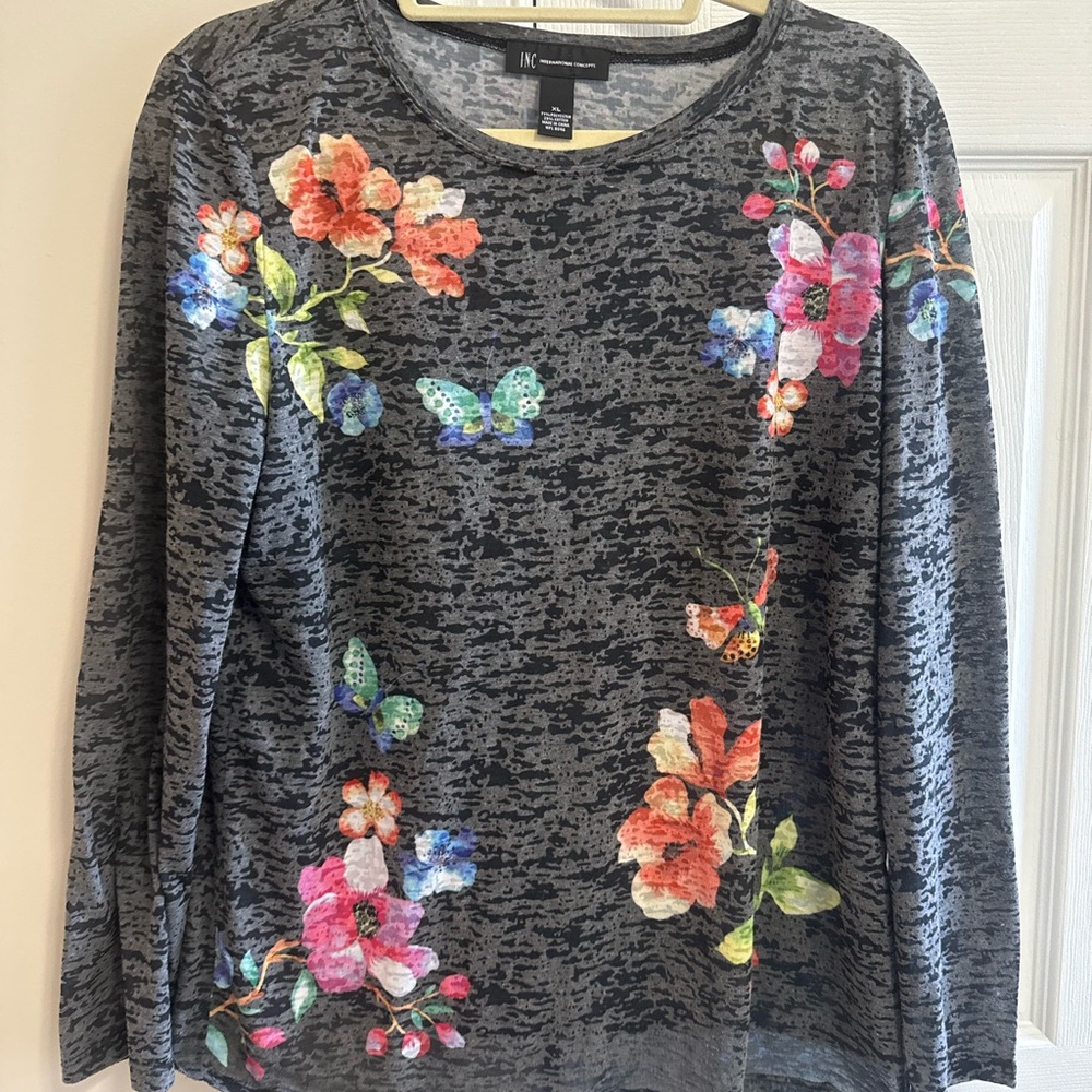 INC International Concepts Floral Long Sleeve Top - Black Multi